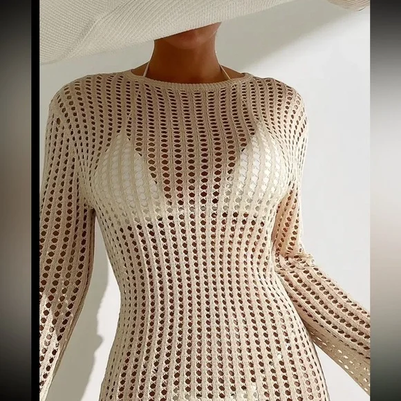 Hollow Out Tassel Trim Dress, Sexy Beach Wear Long Sleeve Cover Up Dress - Picture 3 of 4